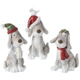 An assortment of 3 Christmas dog ornaments with adorable seasonal accessories and a glitter finish. 