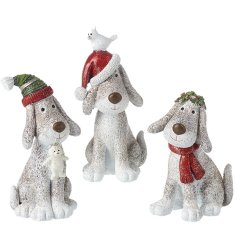 A mix of 3 cute and adorable Christmas dog decorations in traditional colours with festive details.