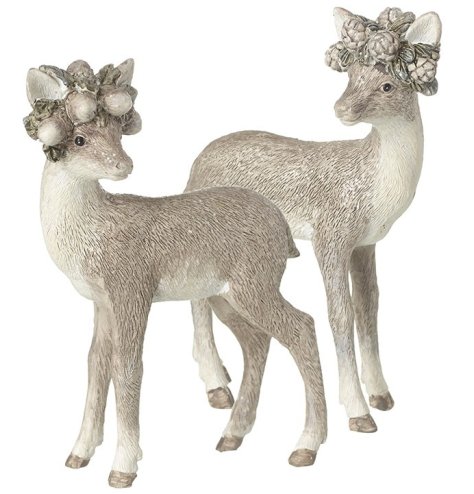 An assortment of 2 enchanting fawn ornaments. Each is beautifully detailed with a pinecone and acorn foraged crown. 