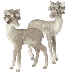 An assortment of 2 enchanting standing fawn ornaments with beautiful woodland crowns and a glitter finish. 