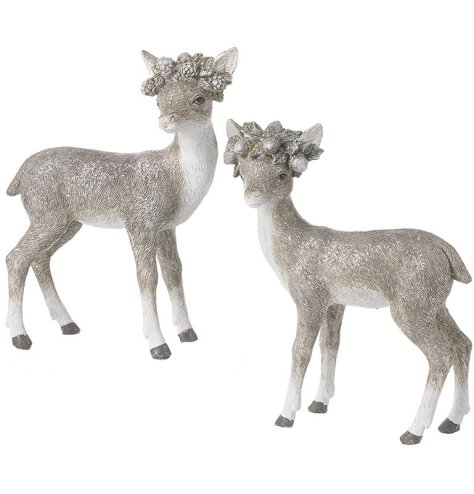 An assortment of 2 beautifully detailed standing fawn decorations with a glitter finish. 