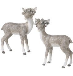A mix of 2 enchanting resin fawn ornaments with a glitter finish and unique pinecone/acorn crown. 