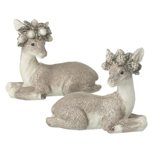 An assortment of 2 beautifully detailed fawn ornaments. Each has a foraged woodland crown with pinecones and acorns. 