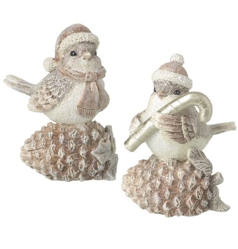 An assortment of 2 beautifully detailed Christmas birds perched upon a pinecone. Complete with a glitter finish