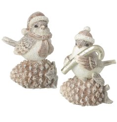 A mix of 2 beautifully detailed Christmas bird ornaments. Each is perched on a pinecone with a festive hat 