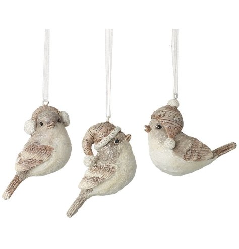 A mix of 3 beautifully detailed resin bird ornaments, each with a festive hat and glitter finish. 