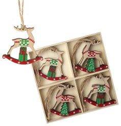 A set of traditional wooden rocking horse decorations with red and green painterly details. 