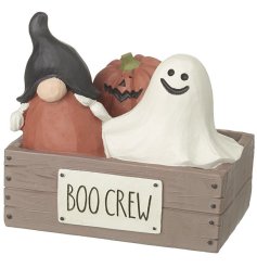 A cute and unique boo crew ornament featuring ghost, gonk and pumpkin friends in a boo crew crate.