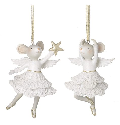 Two dancing mice with angel wings and gold ballet shoes. Magical and enchanting seasonal hangers 