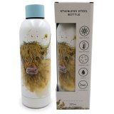 Jan Pashley's Highland cow on a stainless steel insulated drinks bottle.