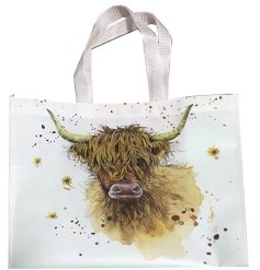 An adorable reusable shopping bag illustrated with Jan Pashley's Highland Cow.