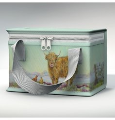 An insulated lunch back made from recycled plastic bottles and illustrated with Jan Pashley's Highland Cow.