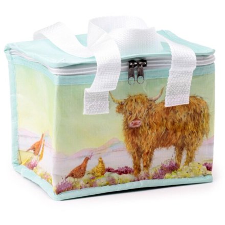 An insulated lunch back made from recycled plastic bottles and illustrated with Jan Pashley's Highland Cow.