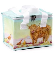 An insulated lunch back made from recycled plastic bottles and illustrated with Jan Pashley's Highland Cow.