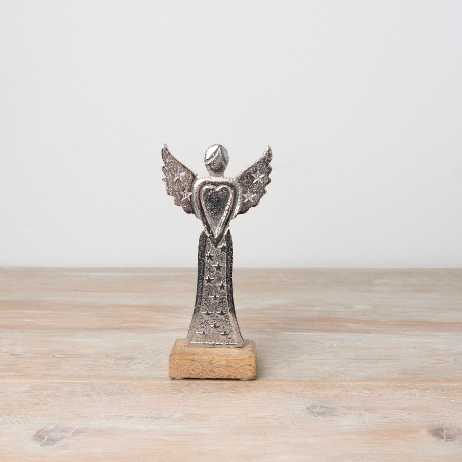 A stylish aluminium angel with 3D star detailing on a contrasting wooden base.