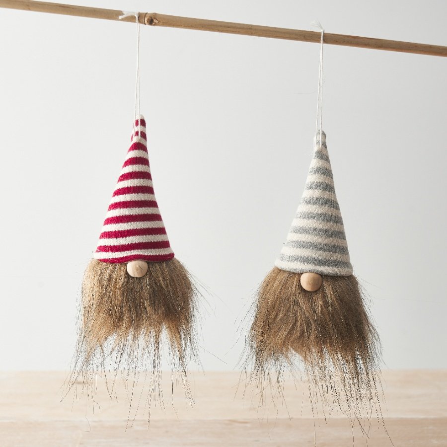 Hanging gonk decorations with red and grey striped hats