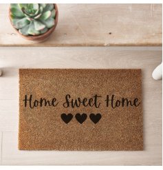 A stylish coir doormat with simple "home sweet home" message and heart motifs. 