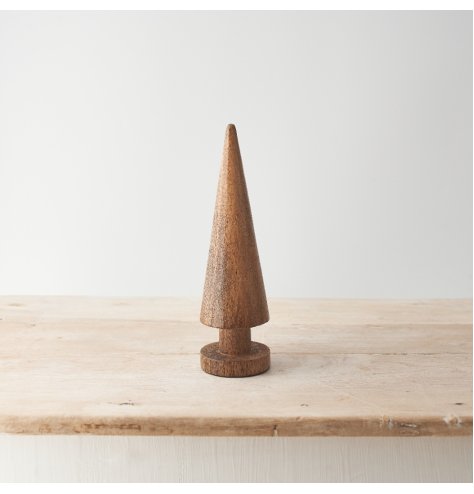 A sculptural cone shaped tree made from natural mango wood. With a smooth finish and visible wood grain.