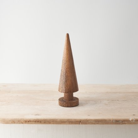 A charming cone shaped tree ornament crafted from natural mango wood. 