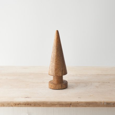 A stylish cone shaped Christmas tree crafted from natural mango wood. 