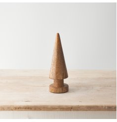 A stylish cone shaped Christmas tree crafted from natural mango wood. 