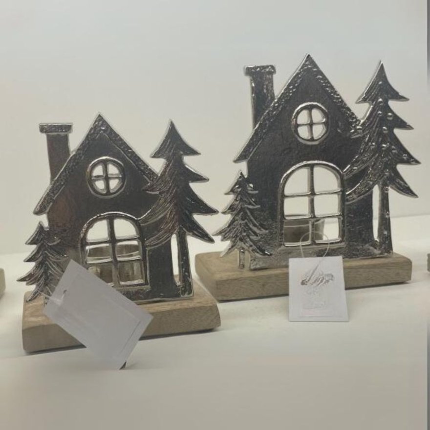 Silver Decorative House On Wood Base, 15cm