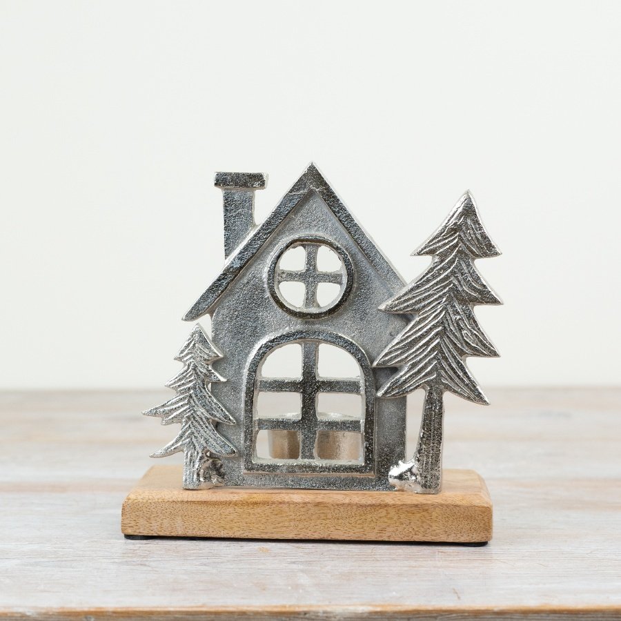 Silver Decorative House On Wood Base, 15cm