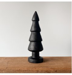A rustic cone shaped Christmas tree made from sustainable mango wood. With a distressed, black painted finish. 