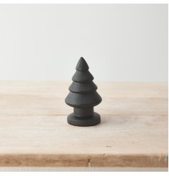 A chunky wooden Christmas tree, carved from natural mango wood. Complete with a rustic, black painted finish.