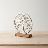 An attractive tree of life ornament. Beautifully crafted from hammered metal with delicate leaves. Presented on a base