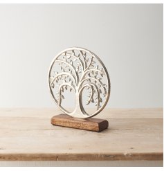 An attractive tree of life ornament. Beautifully crafted from hammered metal with delicate leaves. Presented on a base