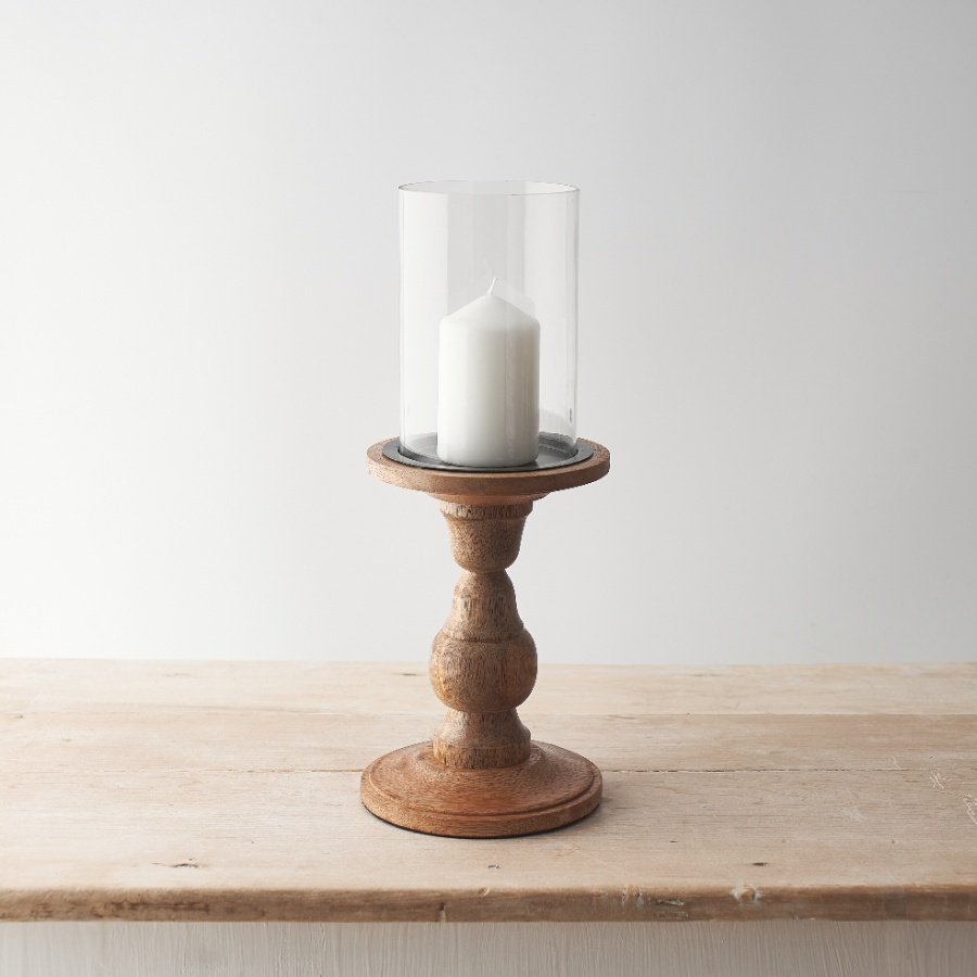 Chic pillar candle holder with a rustic wooden base