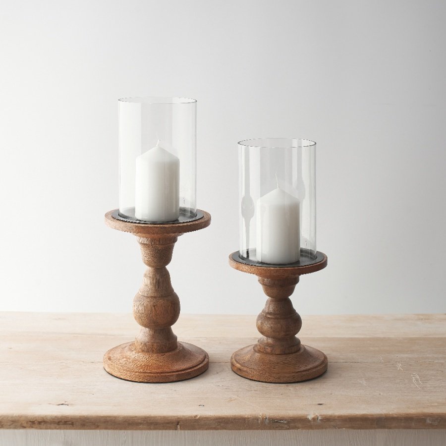 PL065199 Glass and Wood Pillar Candle Holder, 30cm Everyday