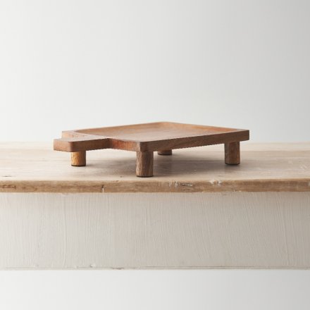 A natural tray with handle and wooden feet. Beautifully crafted from natural mango wood. 