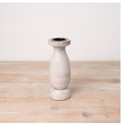 A natural wooden candle holder with a rustic white wash. Perfect for presenting pillar candles. 