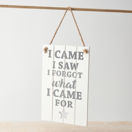 A hanging wooden sign with slatted design and "I came, I saw, I forgot what I came for" message with star cut out detail