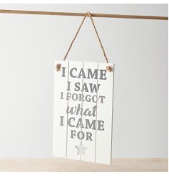 A hanging wooden sign with slatted design and "I came, I saw, I forgot what I came for" message with star cut out detail