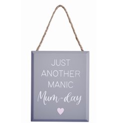 'Just another manic Mum-Day', a humorous wooden sign with mum slogan. Complete with a cute heart detail and jute hanger.