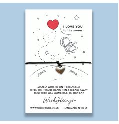 I love you to the moon. A beautifully illustrated card with a wish string charm bracelet. 