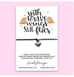 With brave wings she flies. A beautiful sentiment card and wish strings charm bracelet with heart charm. 