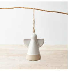 A rustic angel decoration with a raw and glazed finish. A stylish hanging decoration with a handmade aesthetic. 