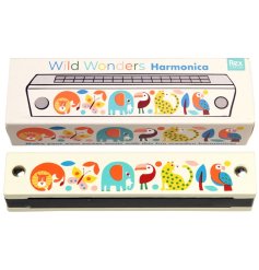 A super sweet wooden harmonica with colourful animal illustrations including an elephant, lion and toucan!