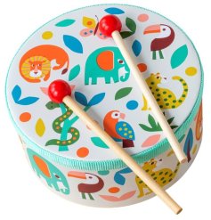 A colourful drum and drumstick set featuring colourful animal illustrations including lion, elephant and toucan!