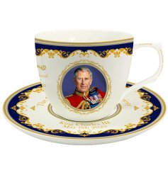 A full colour, fine quality cup and saucer marking the coronation of HM King Charles III
