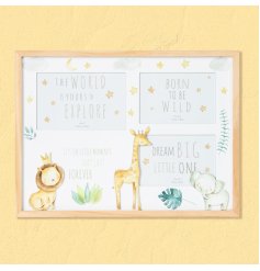 A cute collage photo frame with wooden frame and illustrated animal design with star and moon detail. 
