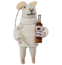 A charming felt mouse decoration with jute string hanger. Complete with a knitted jumper and miniature bottle. 