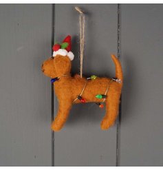 An adorable felt dog decoration with a Christmas hat and coloured lights. 