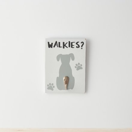 A cute sign with decorative grey dog/ paw print details, "walkies?" message and hook feature perfecting for a dog lead!
