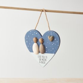 A cute heart shaped hanging decoration with pebble characters and sweet "love you to the moon and back" text. 