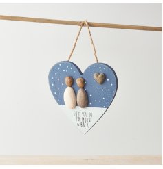 An adorable heart hanging decoration featuring pebble characters with "love you to the moon and back" message. 